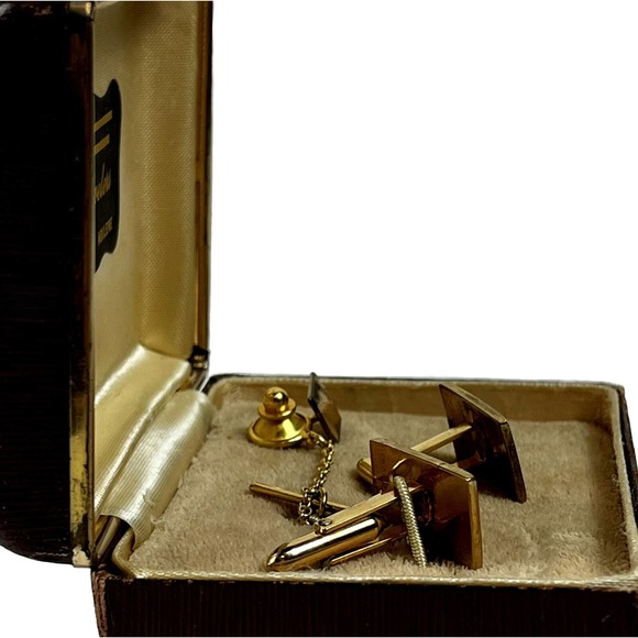Yellow Gold 14K Filled 1/20th Quality Vintage Cuff Links & Tie Tack Set w/ Box - Picture 5 of 16